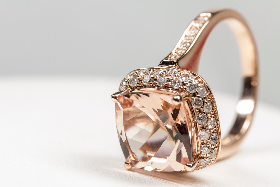 2 Rose gold morganite engagement ring with diamonds.