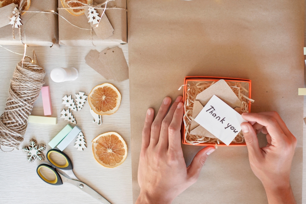 4 Handmade gift wrapping with a "Thank you" card.