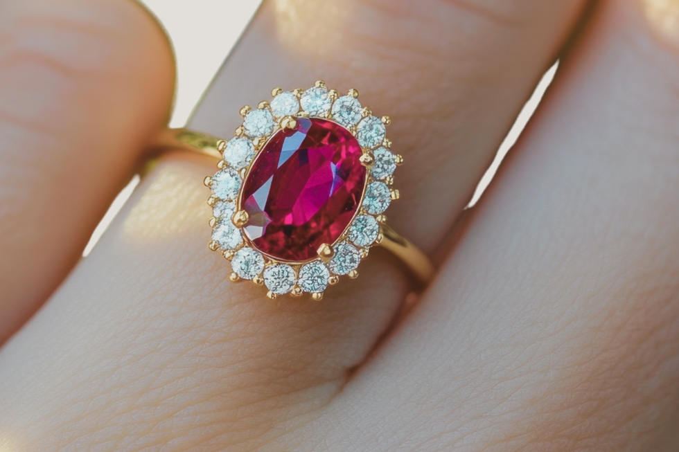 3 Ruby and diamond gold ring on finger.