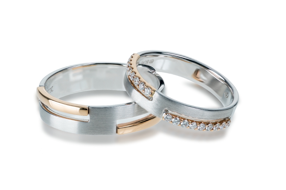 3 Two-tone wedding bands with diamond accents.