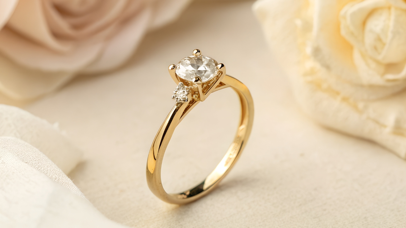 Gold solitaire diamond engagement ring close-up.
