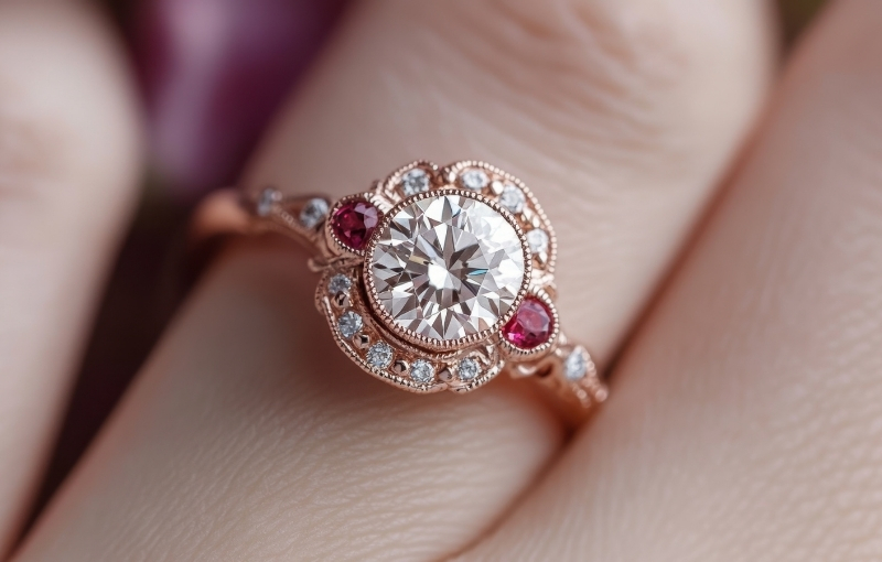 Vintage rose gold diamond ruby engagement ring.