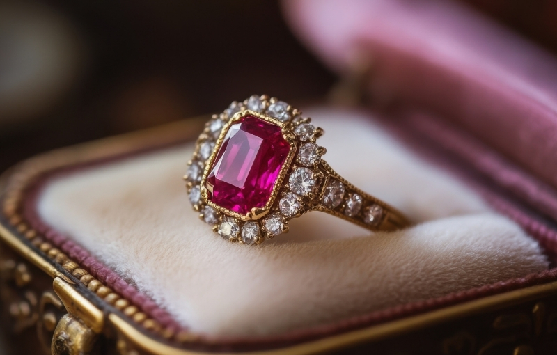 Vintage ruby halo engagement ring gold.
