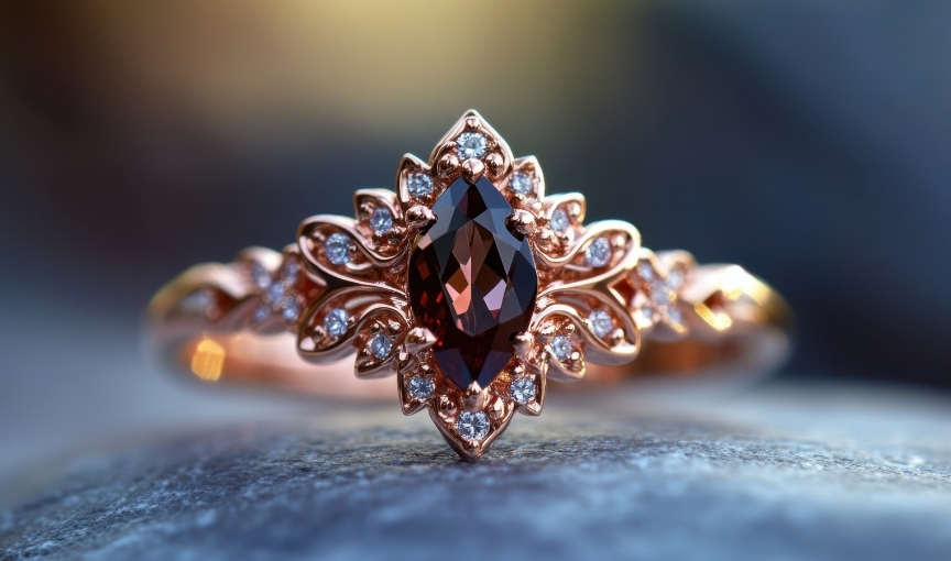 Vintage floral marquise garnet engagement ring.
