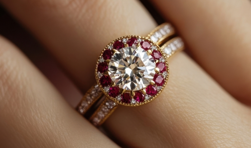 Vintage-style ruby halo diamond engagement ring.