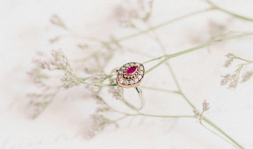Vintage ruby diamond ring display.