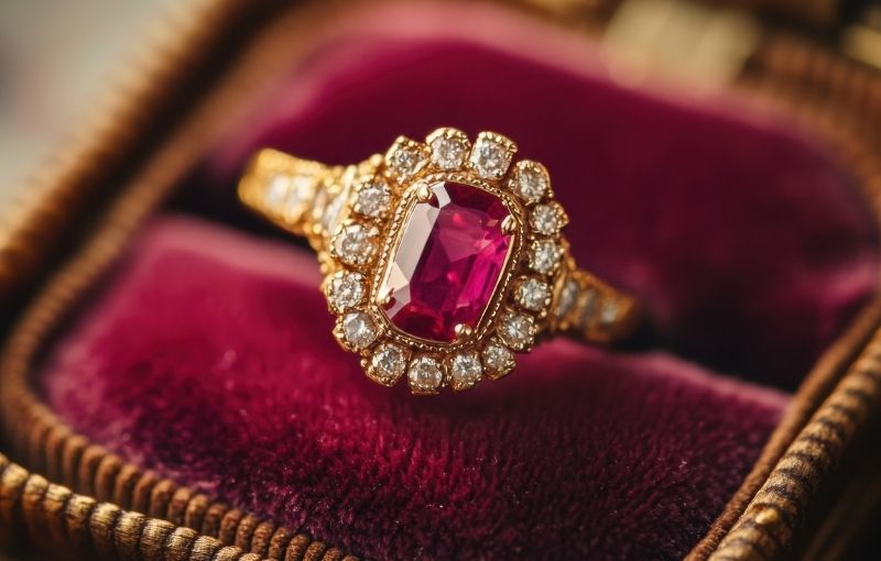 Vintage ruby and diamond halo ring.