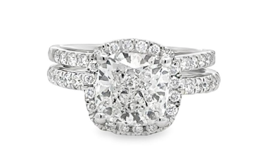 Cushion cut diamond bridal ring set.