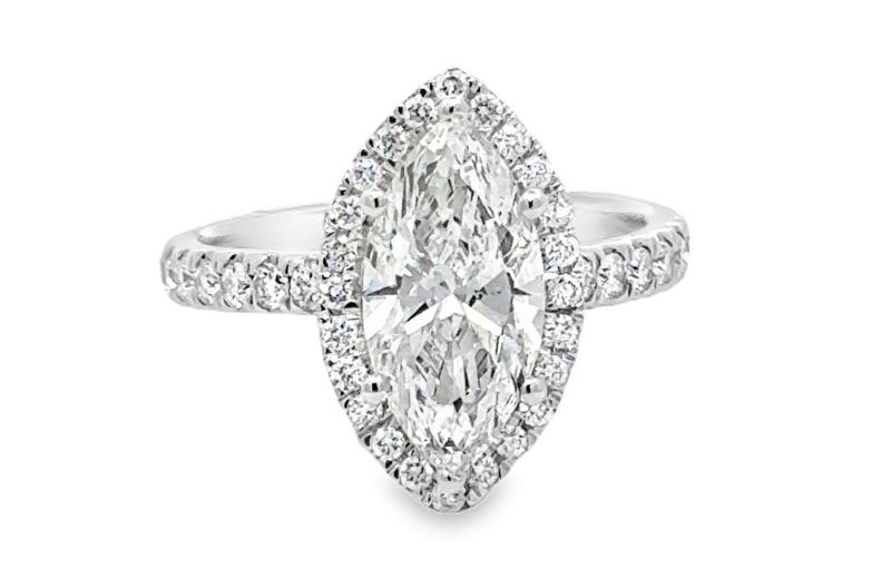 Marquise diamond halo engagement ring.