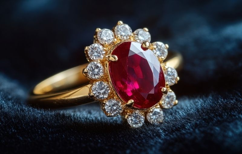 Oval ruby halo diamond ring.