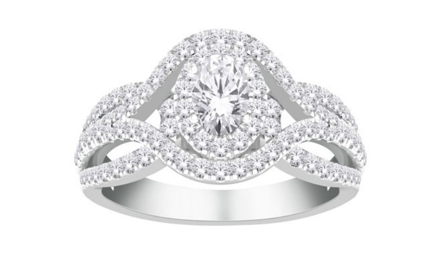 Oval cut diamond twisted band ring.