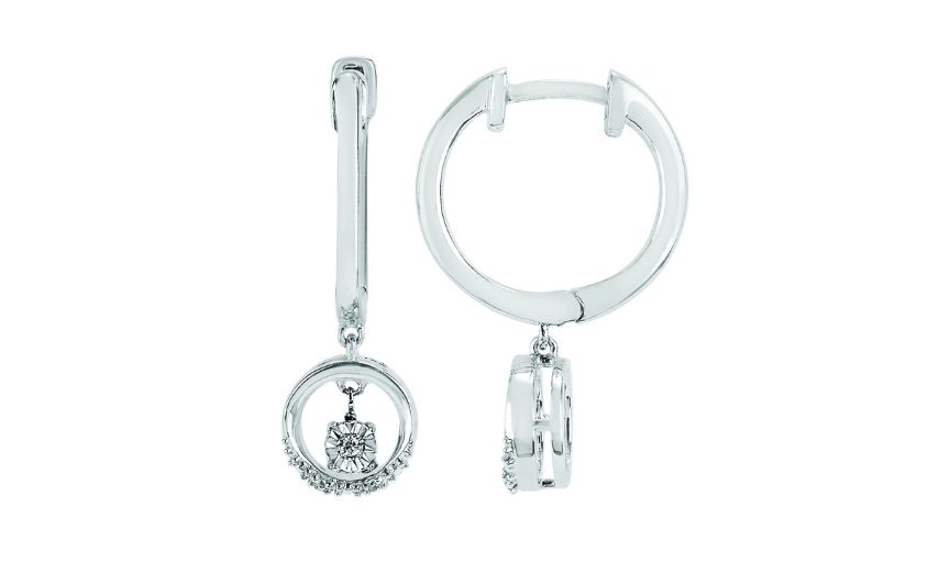 Circular diamond hoop earrings with charm.