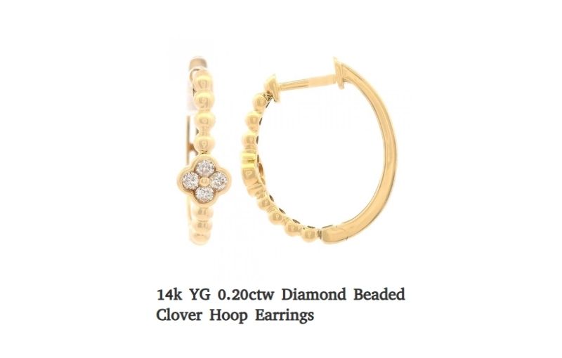 Diamond beaded clover hoop earrings.