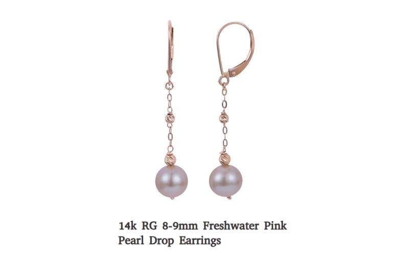 Rose gold pink pearl earrings.
