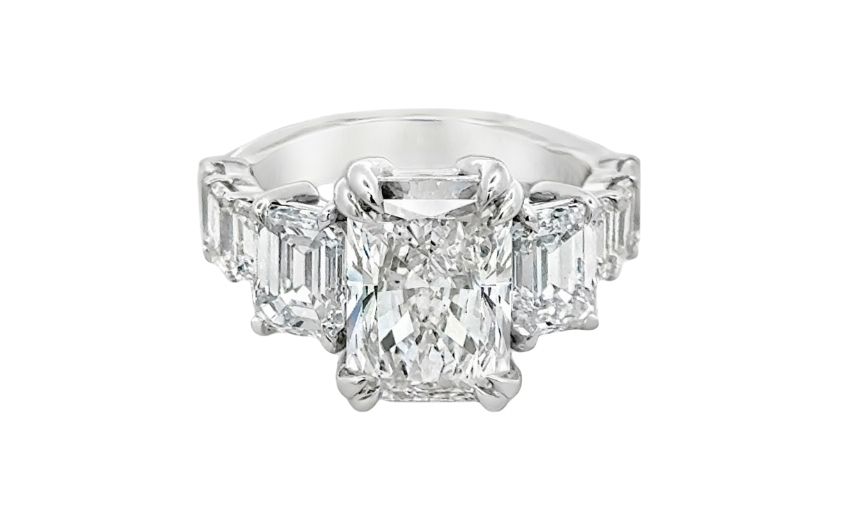 Platinum radiant-cut diamond eternity ring.