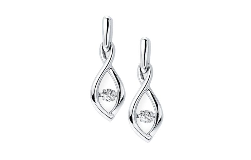 Silver twisted drop earrings with diamonds.<br />
