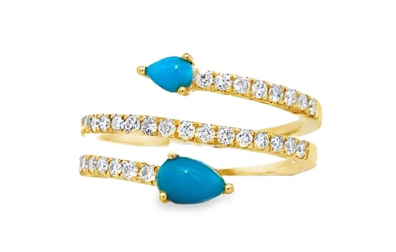 Gold wrap ring with turquoise and diamonds.