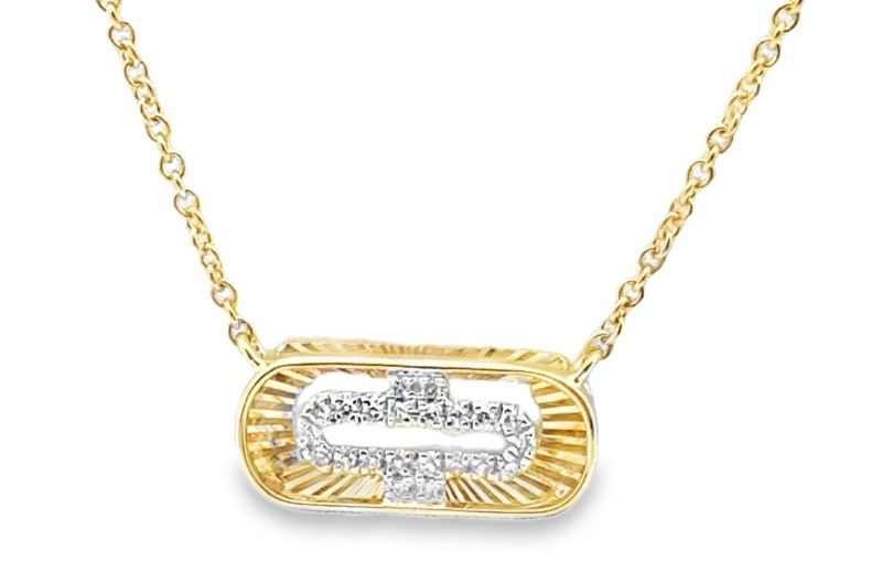 Gold pendant necklace with diamond accents.