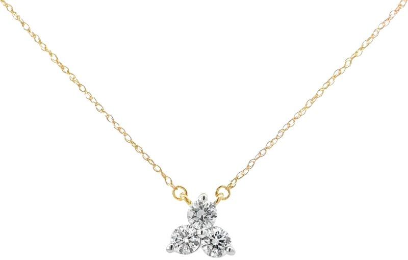 Gold necklace with three diamond cluster.