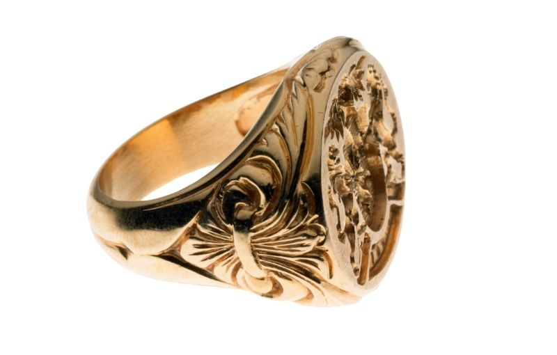Ornate engraved gold signet ring