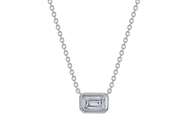 Emerald-cut diamond pendant necklace.