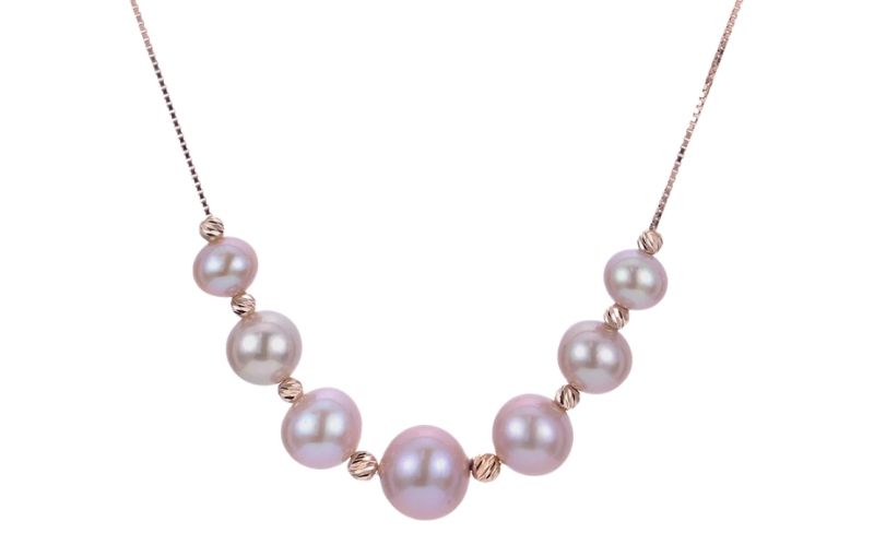 Pink pearl necklace with gold beads.