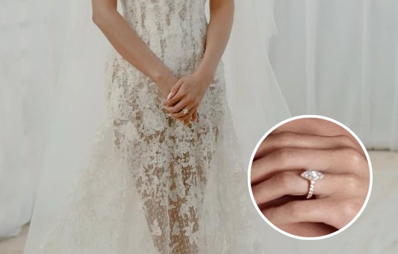 Selena Gomez wearing marquise diamond engagement ring.