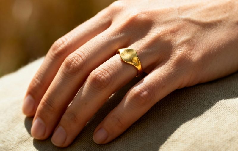 Minimalist gold ring on hand.