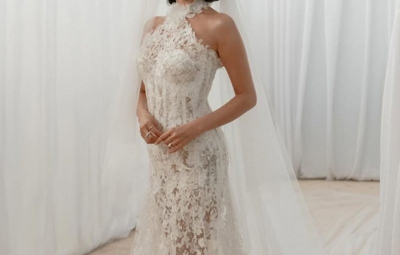 Selena Gomez in lace halter wedding dress.