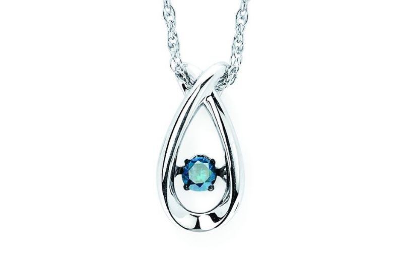 Teardrop pendant with blue gemstone.