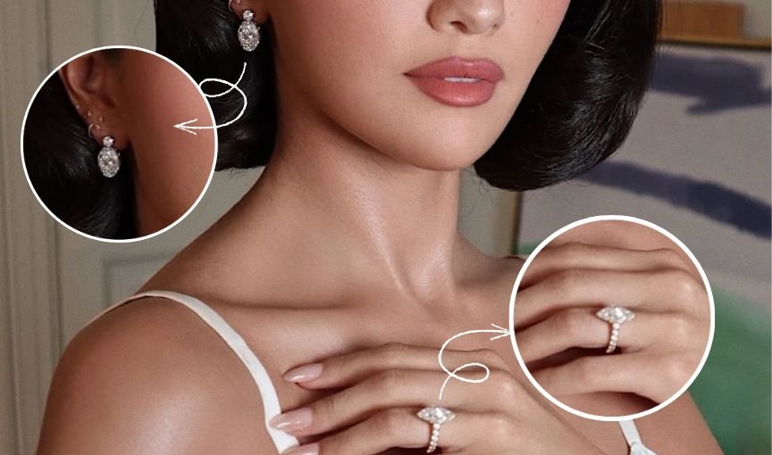 Close-up of Selena Gomez's jewelry details.