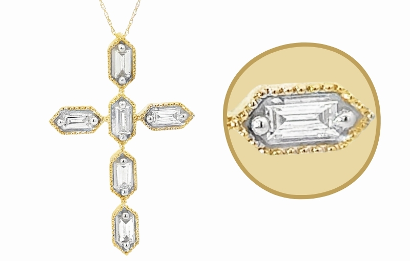 Two-tone baguette diamond cross necklace.