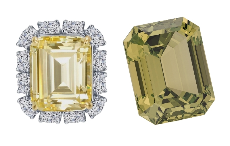 Yellow emerald diamond halo ring.