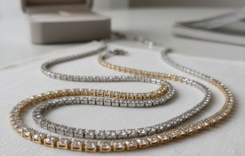 Gold and silver diamond tennis necklaces.