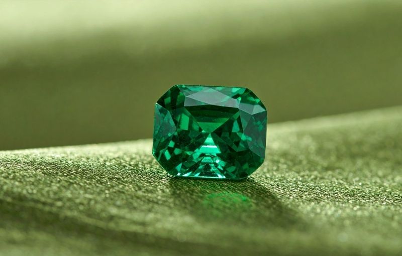 Loose emerald gemstone on green