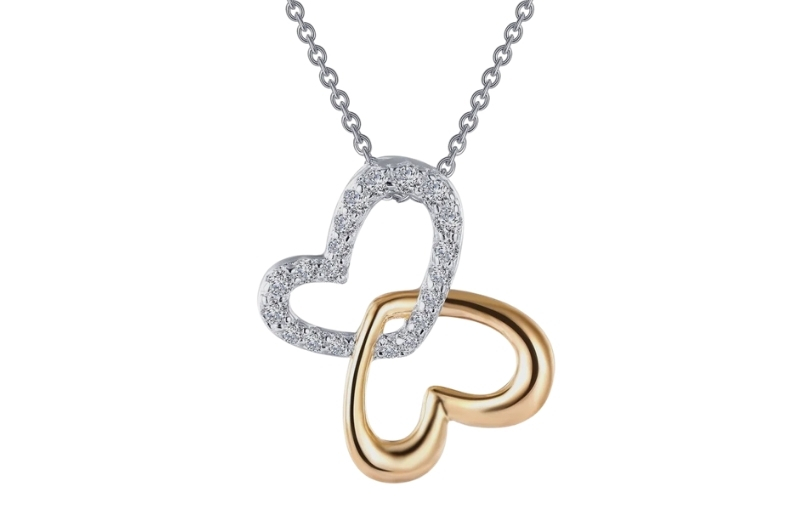 Two tone intertwined heart diamond necklace.