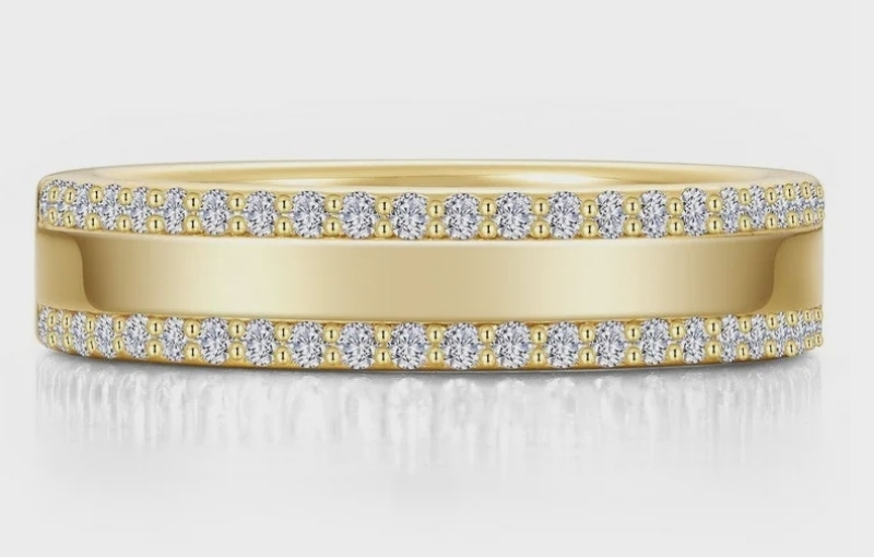 Yellow gold double row diamond band.<br />
