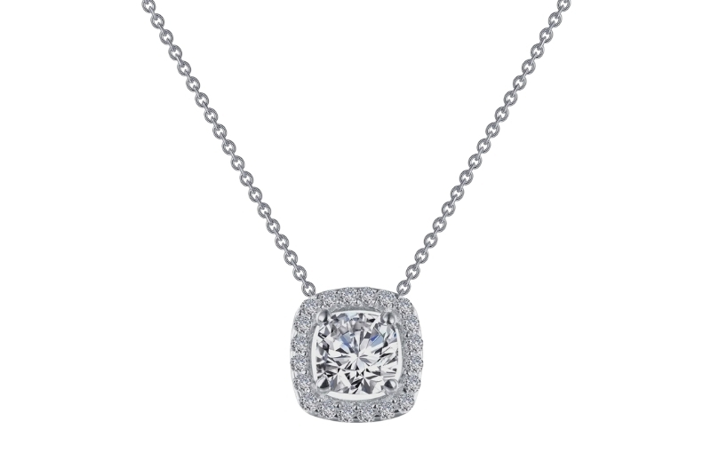 Cushion cut diamond halo pendant necklace.