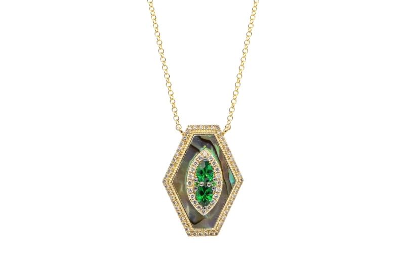Hexagonal emerald gemstone Art Deco pendant.