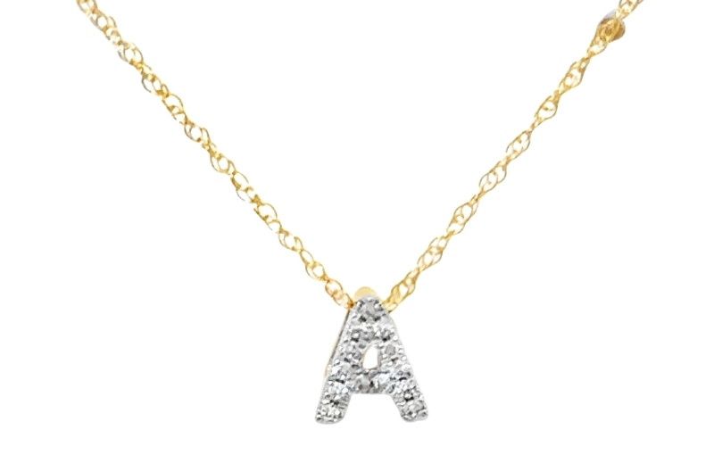 Gold diamond letter A necklace.