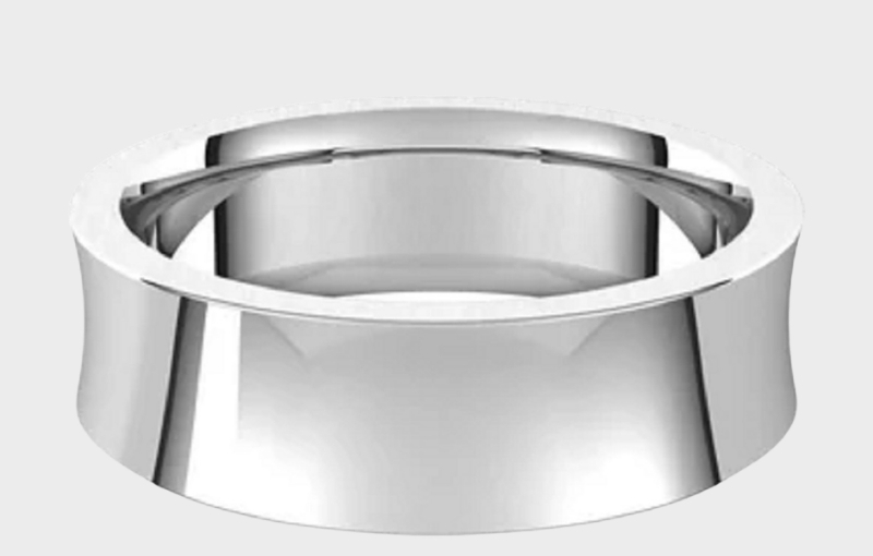 Polished white gold wide minimalist band ring.<br />
