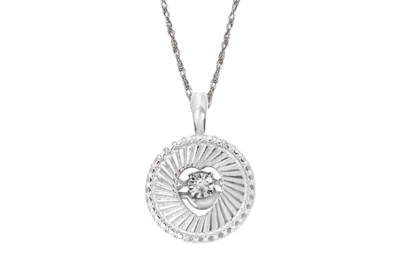 Diamond sunburst halo circular pendant necklace.