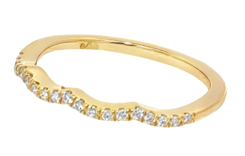 Yellow gold diamond chevron curve contour ring.