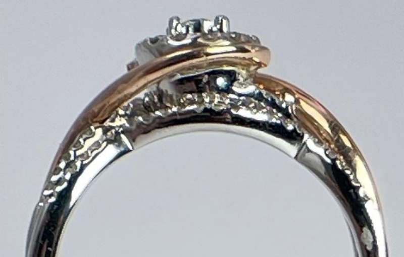Two-tone diamond halo engagement ring profile.
