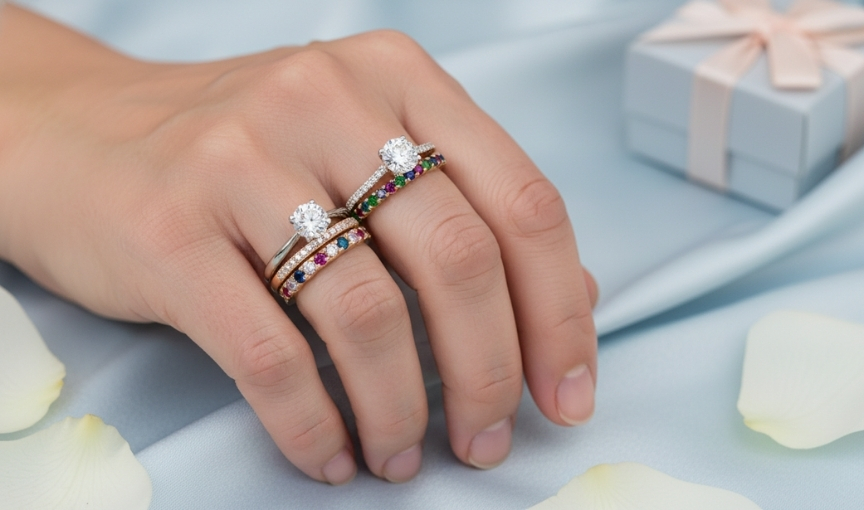 Hand with stacked diamond and rainbow gemstone rings