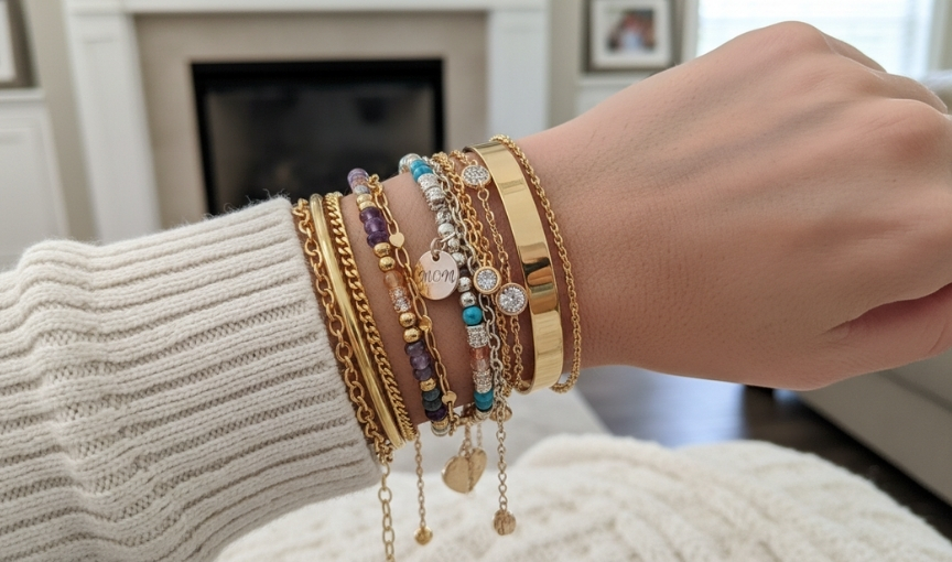 Hand stacked gold charm and beaded bracelet set style
