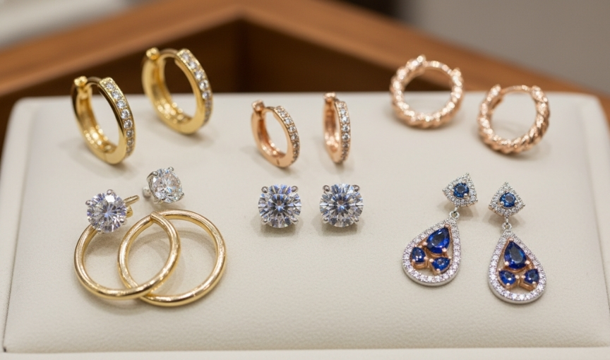 Diamond stud and hoop earring set luxury display tray