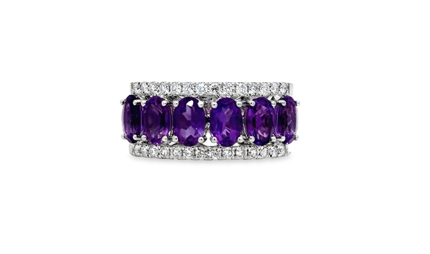 Amethyst and diamond eternity band in white gold ring