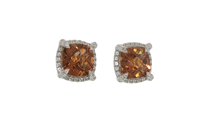 Cushion cut brown gemstone studs with diamond halo