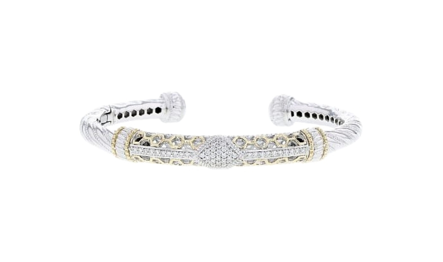Two tone diamond cuff bracelet with intricate design